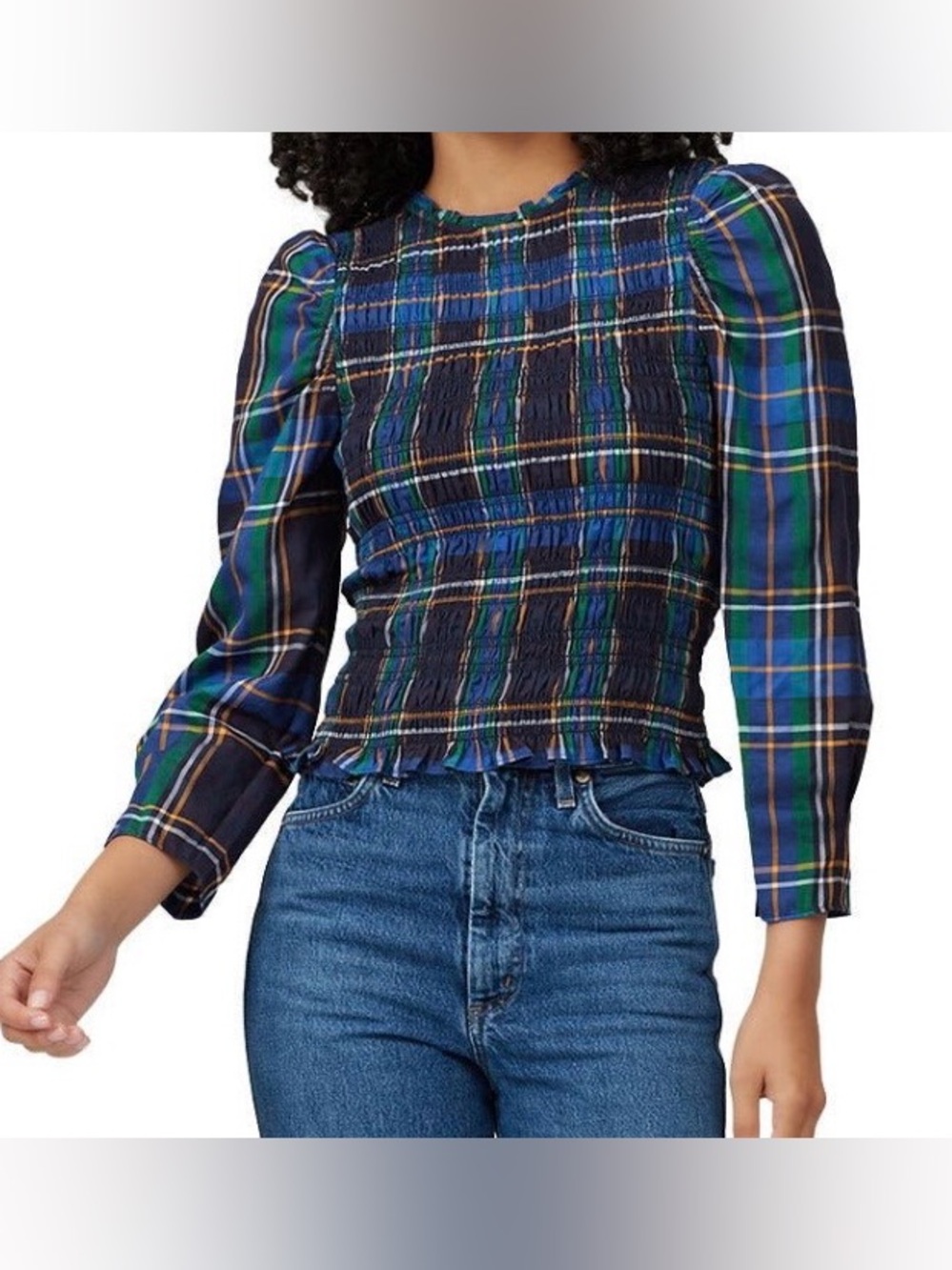 Tanya Taylor Navy and Green Plaid Smocked Blouse